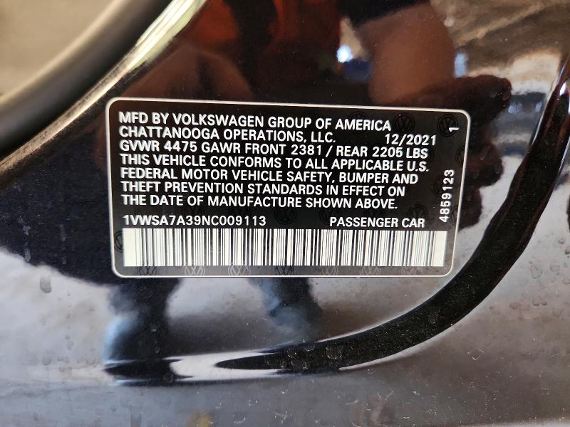 54533616 :رقم المزاد ، 1VWSA7A39NC009113 vin ، 2022 Volkswagen Passat مزاد بيع