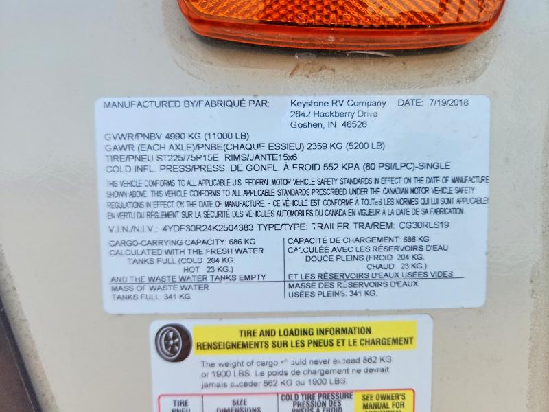 2019 Keystone Cougar მანქანა იყიდება აუქციონზე, vin: 4YDF30R24K2504383, აუქციონის ნომერი: 53792076