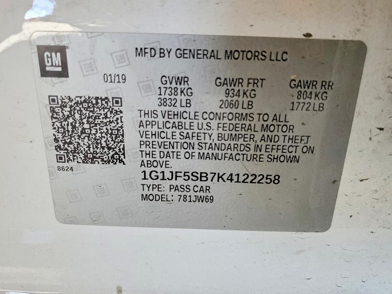 Aukcja sprzedaży 2019 Chevrolet Sonic, vin: 1G1JF5SB7K4122258, numer aukcji: 53974666