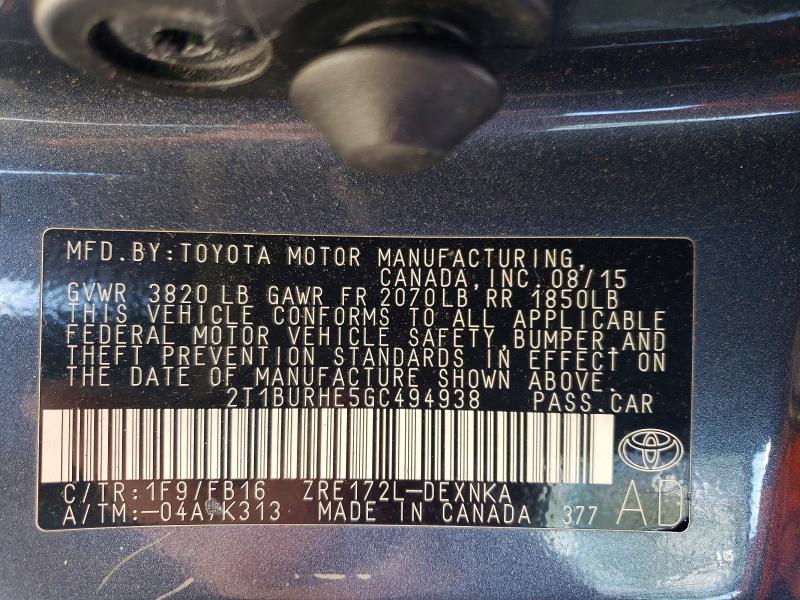 2016 Toyota Corolla მანქანა იყიდება აუქციონზე, vin: 2T1BURHE5GC494938, აუქციონის ნომერი: 51786856