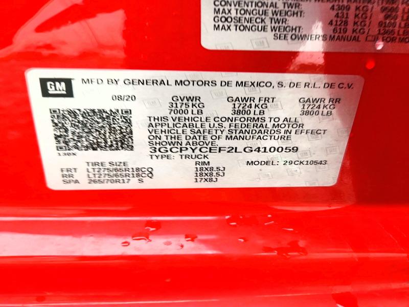 54652536 :رقم المزاد ، 3GCPYCEF2LG410059 vin ، 2020 Chevrolet Silverado مزاد بيع