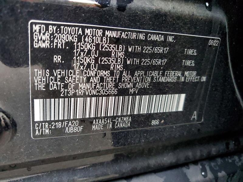 Auction sale of the 2022 Toyota Rav4, vin: 2T3P1RFV0NC305666, lot number: 52405566