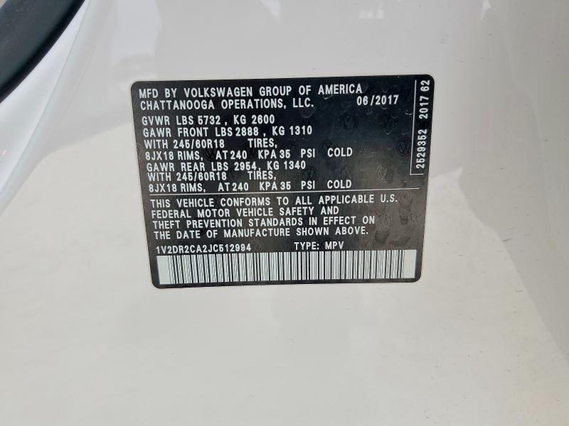2018 Volkswagen Atlas მანქანა იყიდება აუქციონზე, vin: 1V2DR2CA2JC512994, აუქციონის ნომერი: 53022436