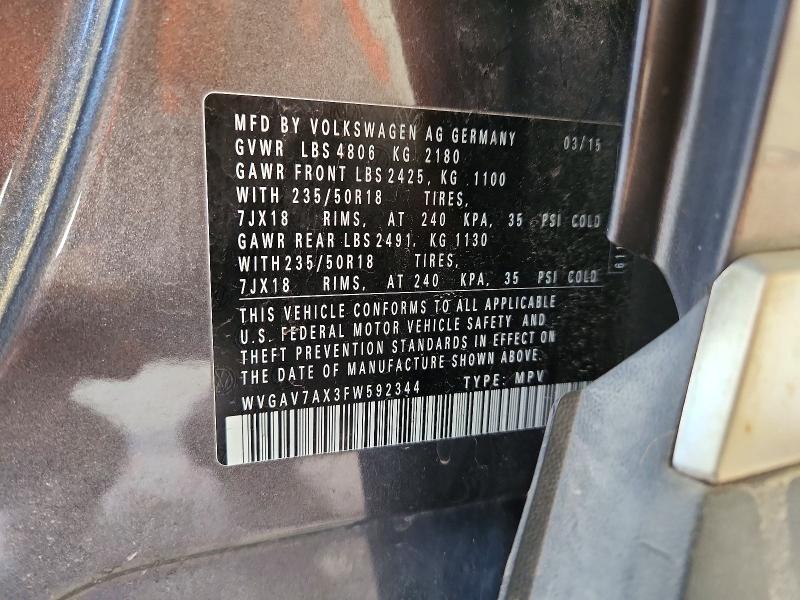 Продажа на аукционе авто 2015 Volkswagen Tiguan, vin: WVGAV7AX3FW592344, номер лота: 55281466