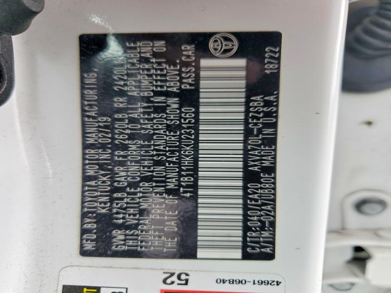 2019 Toyota Camry მანქანა იყიდება აუქციონზე, vin: 4T1B11HK6KU231560, აუქციონის ნომერი: 53299576