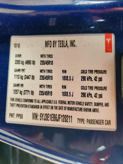 Продаж на аукціоні авто 2018 Tesla Model 3, vin: 5YJ3E1EB6JF120211, номер лоту: 54011996