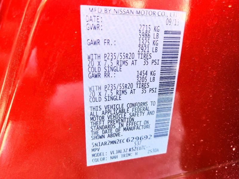 52859376 :رقم المزاد ، 5N1AR2MN2EC629692 vin ، 2014 Nissan Pathfinder مزاد بيع