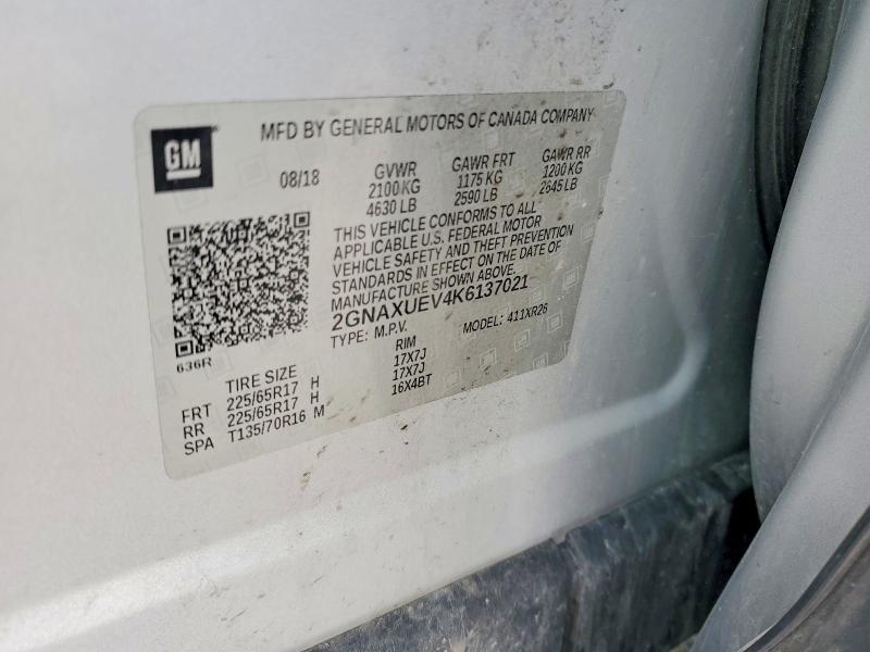 54698796 :رقم المزاد ، 2GNAXUEV4K6137021 vin ، 2019 Chevrolet Equinox مزاد بيع