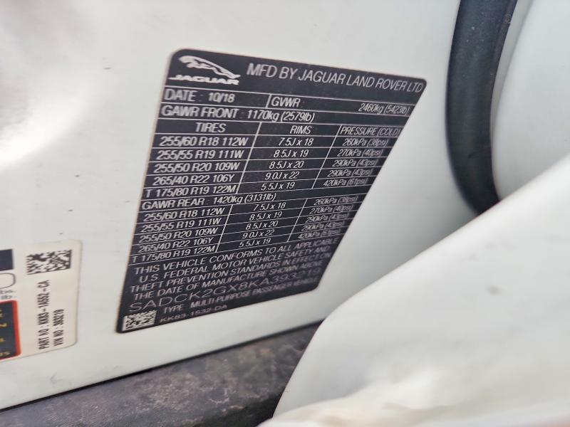 Aukcja sprzedaży 2019 Jaguar F-pace, vin: SADCK2GX8KA393219, numer aukcji: 54967886