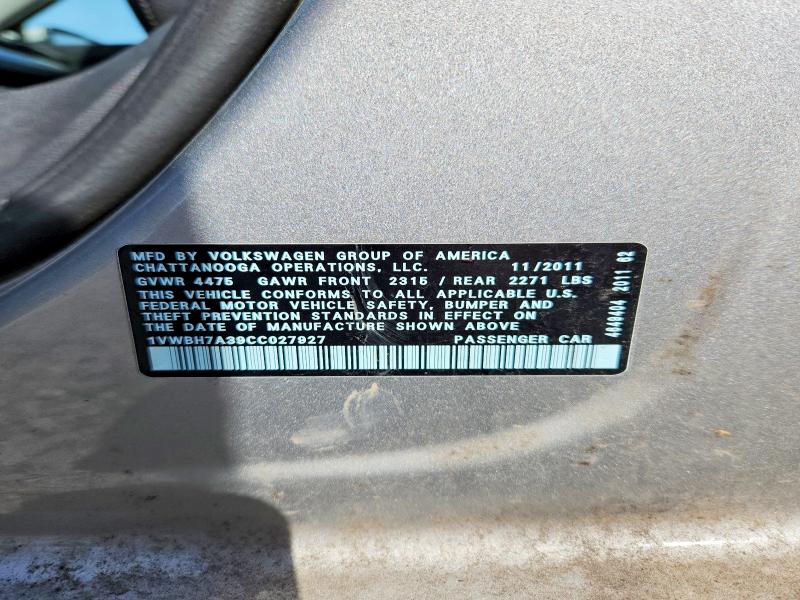 54185016 :رقم المزاد ، 1VWBH7A39CC027927 vin ، 2012 Volkswagen Passat مزاد بيع
