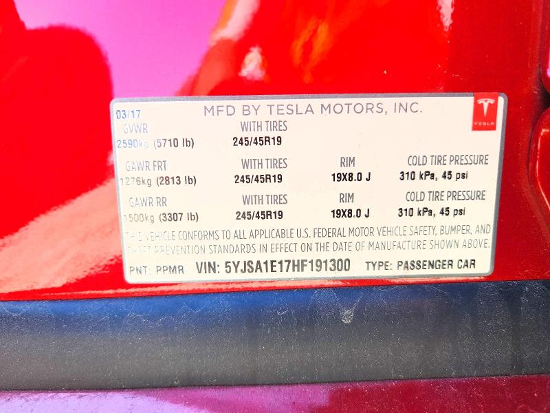 Продаж на аукціоні авто 2017 Tesla Model S, vin: 5YJSA1E17HF191300, номер лоту: 52777086