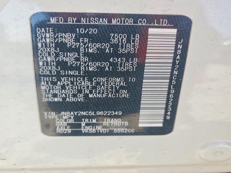 54912446 :رقم المزاد ، JN8AY2NC5L9622349 vin ، 2020 Nissan Armada مزاد بيع