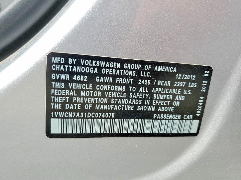 Aukcja sprzedaży 2013 Volkswagen Passat, vin: 1VWCN7A31DC074075, numer aukcji: 54267816