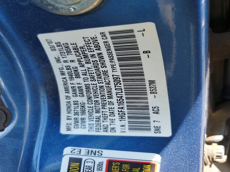 2007 Honda Civic მანქანა იყიდება აუქციონზე, vin: 1HGFA16547L075097, აუქციონის ნომერი: 54080766