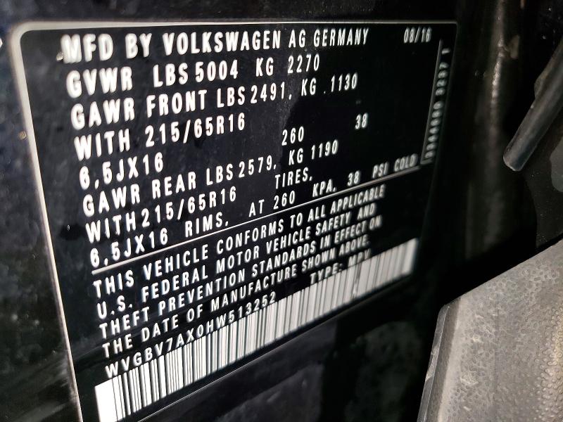 Aukcja sprzedaży 2017 Volkswagen Tiguan, vin: WVGBV7AX0HW513252, numer aukcji: 54600096