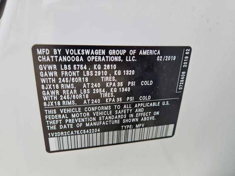 2019 Volkswagen Atlas მანქანა იყიდება აუქციონზე, vin: 1V2DR2CA7KC542204, აუქციონის ნომერი: 52445736