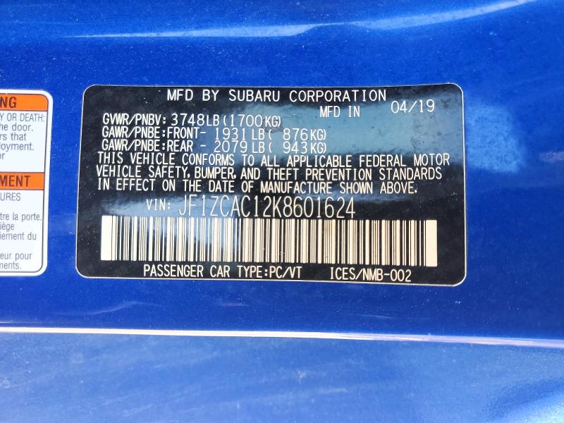 54786266 :رقم المزاد ، JF1ZCAC12K8601624 vin ، 2019 Subaru Brz مزاد بيع