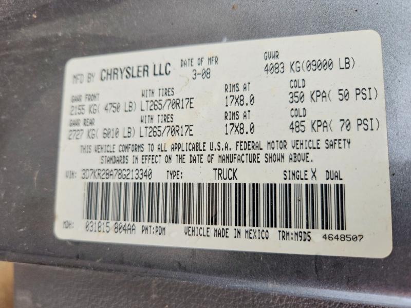54278386 :رقم المزاد ، 3D7KR28A78G213340 vin ، 2008 Dodge Ram 2500 مزاد بيع