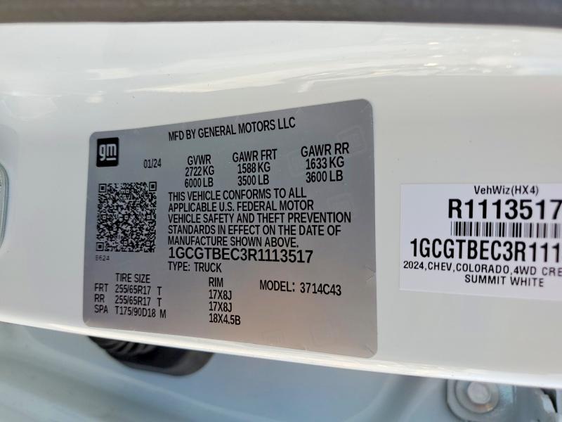 Aukcja sprzedaży 2024 Chevrolet Colorado, vin: 1GCGTBEC3R1113517, numer aukcji: 51768886