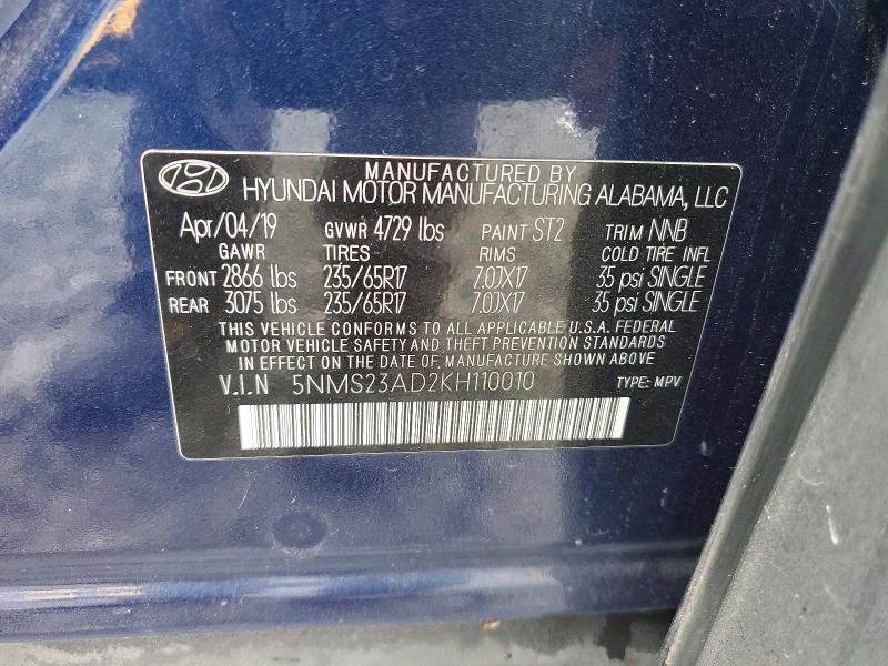 2019 Hyundai Santa Fe მანქანა იყიდება აუქციონზე, vin: 5NMS23AD2KH110010, აუქციონის ნომერი: 52762236