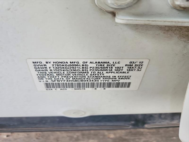 2012 Honda Pilot მანქანა იყიდება აუქციონზე, vin: 5FNYF4H58CB043435, აუქციონის ნომერი: 54148786