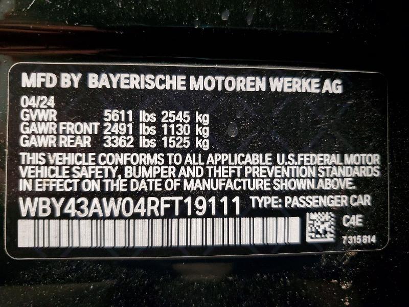 Продаж на аукціоні авто 2024 Bmw I4, vin: WBY43AW04RFT19111, номер лоту: 53640596