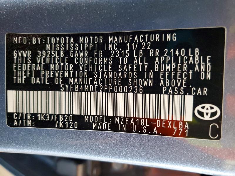Продаж на аукціоні авто 2023 Toyota Corolla, vin: 5YFB4MDE2PP000236, номер лоту: 53638286