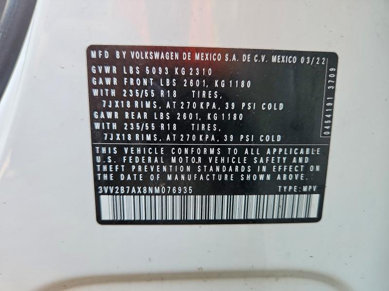 54057286 :رقم المزاد ، 3VV2B7AX8NM076935 vin ، 2022 Volkswagen Tiguan مزاد بيع