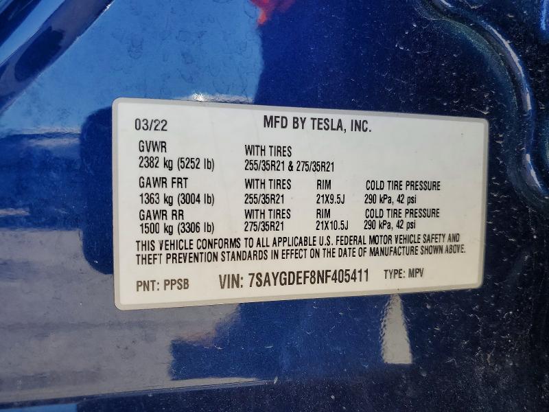 Продажа на аукционе авто 2022 Tesla Model Y, vin: 7SAYGDEF8NF405411, номер лота: 52824636
