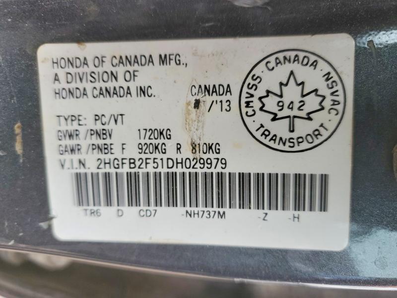 Продаж на аукціоні авто 2013 Honda Civic, vin: 2HGFB2F51DH029979, номер лоту: 52883846