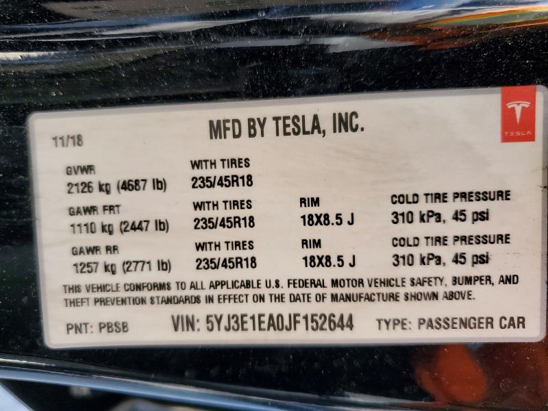 Продажа на аукционе авто 2018 Tesla Model 3, vin: 5YJ3E1EA0JF152644, номер лота: 52081916