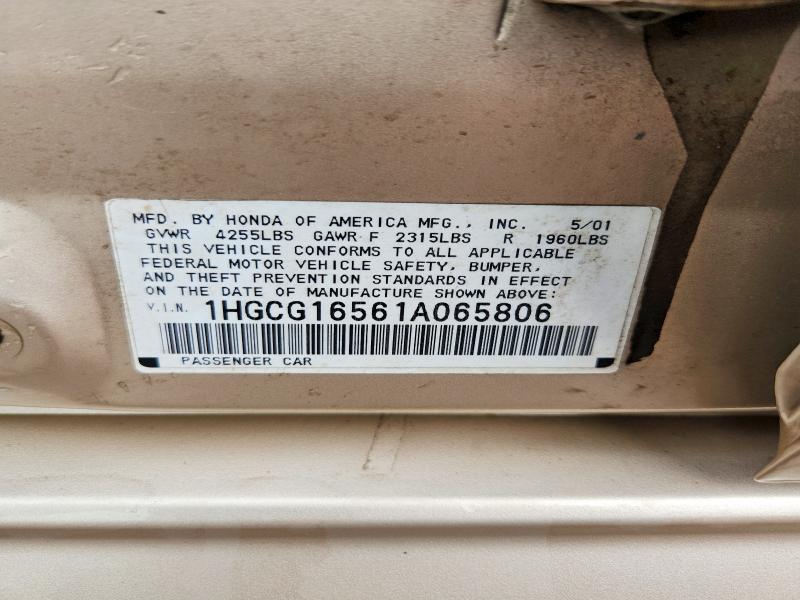 Aukcja sprzedaży 2001 Honda Accord, vin: 1HGCG16561A065806, numer aukcji: 53952556