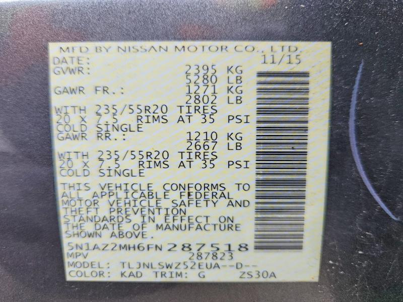 55326276 :رقم المزاد ، 5N1AZ2MH6FN287518 vin ، 2015 Nissan Murano مزاد بيع