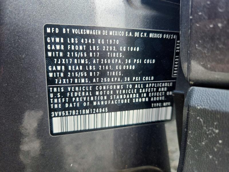 2024 Volkswagen Taos მანქანა იყიდება აუქციონზე, vin: 3VV5X7B21RM124945, აუქციონის ნომერი: 55122326