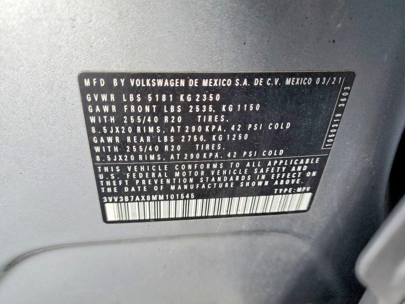 2021 Volkswagen Tiguan მანქანა იყიდება აუქციონზე, vin: 3VV3B7AX8MM101545, აუქციონის ნომერი: 54893066