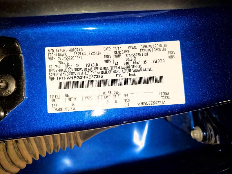 52812356 :رقم المزاد ، 1FTFW1EG0HKE37386 vin ، 2017 Ford F150 مزاد بيع