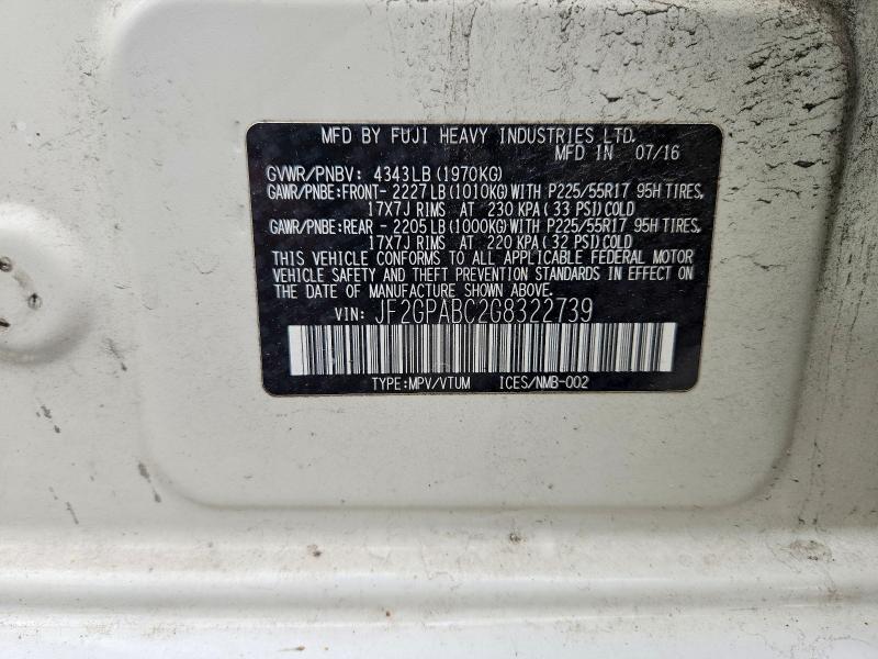 2016 Subaru Crosstrek მანქანა იყიდება აუქციონზე, vin: JF2GPABC2G8322739, აუქციონის ნომერი: 54319536
