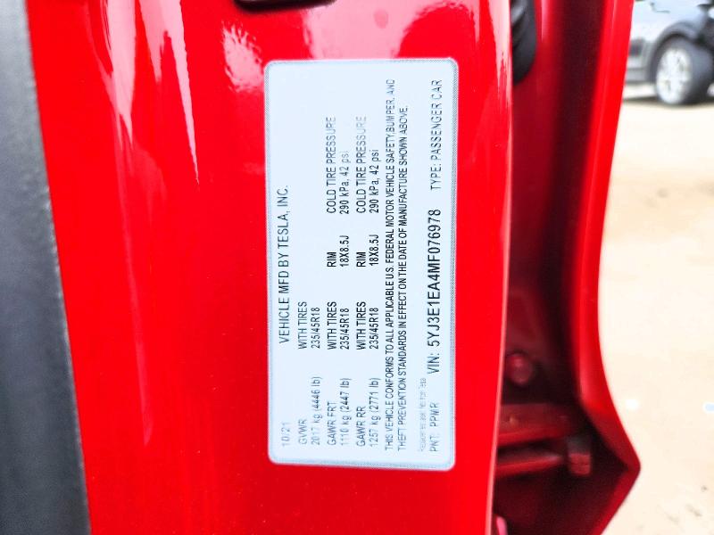 Aukcja sprzedaży 2021 Tesla Model 3, vin: 5YJ3E1EA4MF076978, numer aukcji: 52767276