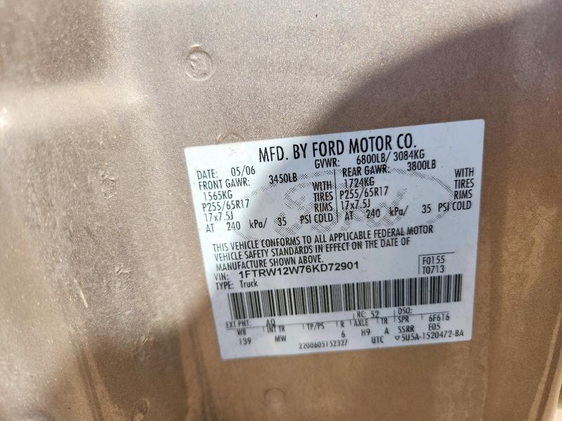 55037856 :رقم المزاد ، 1FTRW12W76KD72901 vin ، 2006 Ford F150 مزاد بيع