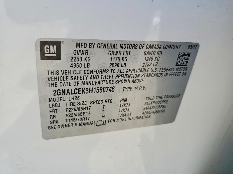 Продаж на аукціоні авто 2017 Chevrolet Equinox, vin: 2GNALCEK3H1580746, номер лоту: 54991866