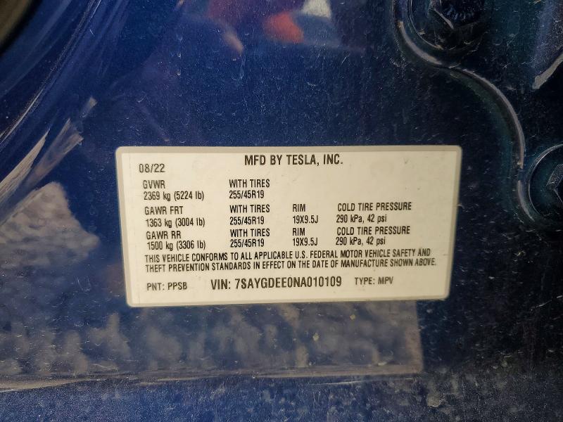 Aukcja sprzedaży 2022 Tesla Model Y, vin: 7SAYGDEE0NA010109, numer aukcji: 53663086