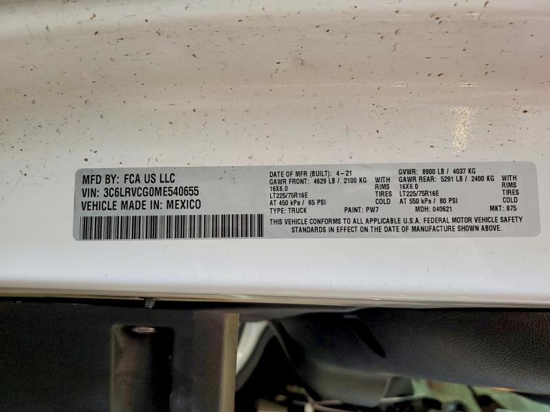 54398406 :رقم المزاد ، 3C6LRVCG0ME540655 vin ، 2021 Ram Promaster 2500 مزاد بيع