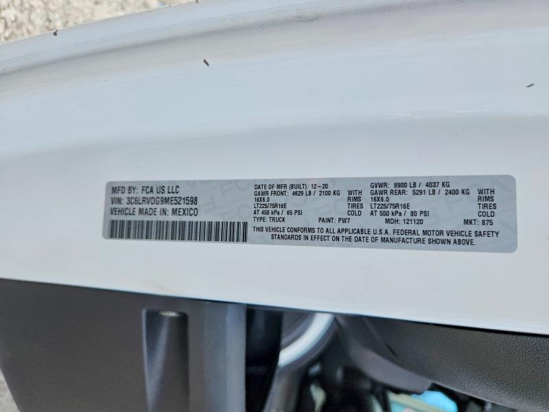 2021 Ram Promaster 2500 მანქანა იყიდება აუქციონზე, vin: 3C6LRVDG9ME521598, აუქციონის ნომერი: 95588185