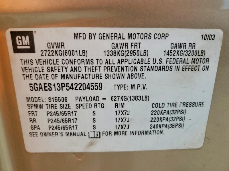 2004 Buick Rainier მანქანა იყიდება აუქციონზე, vin: 5GAES13P542204559, აუქციონის ნომერი: 50554906