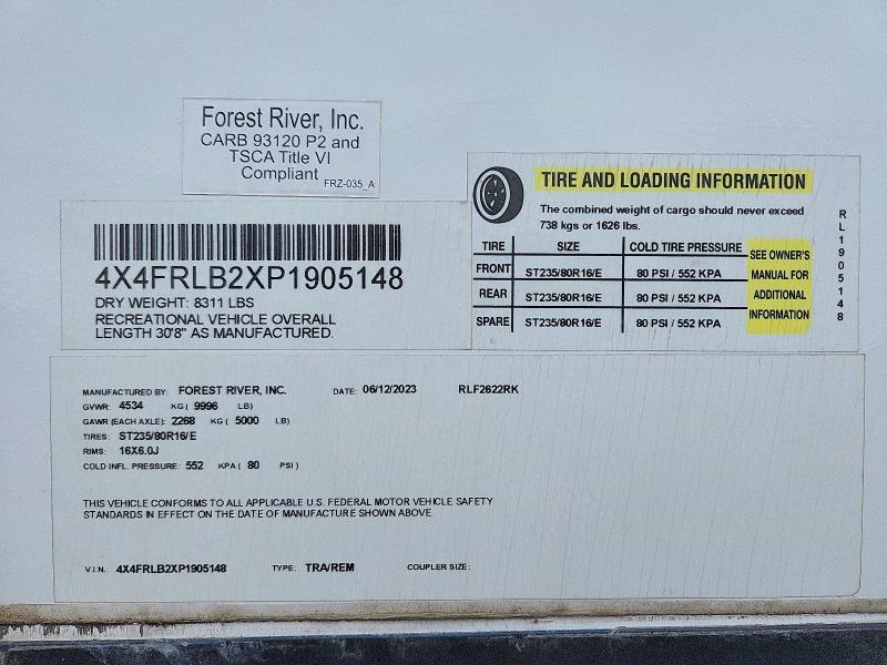 2023 Forrest River Recreational Vehicle (rv) მანქანა იყიდება აუქციონზე, vin: 4X4FRLB2XP1905148, აუქციონის ნომერი: 52007576
