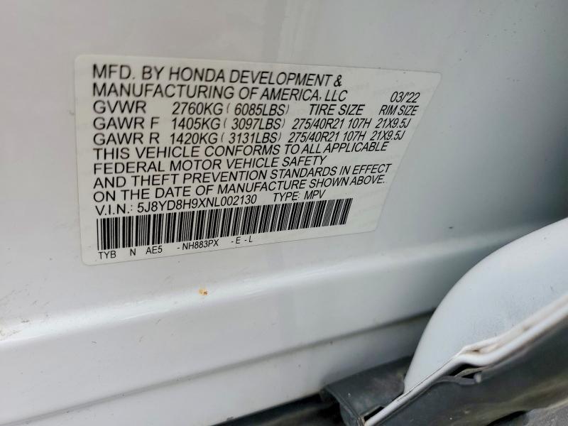 53016156 :رقم المزاد ، 5J8YD8H9XNL002130 vin ، 2022 Acura Mdx مزاد بيع