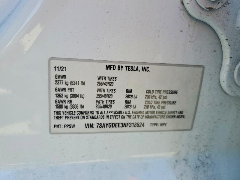 2022 Tesla Model Y მანქანა იყიდება აუქციონზე, vin: 7SAYGDEE3NF318524, აუქციონის ნომერი: 53041706