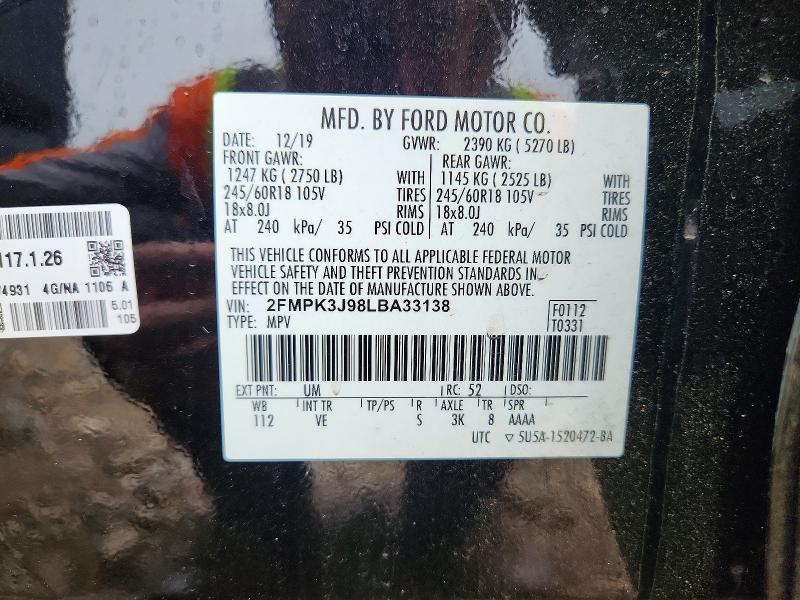 53844606 :رقم المزاد ، 2FMPK3J98LBA33138 vin ، 2020 Ford Edge مزاد بيع
