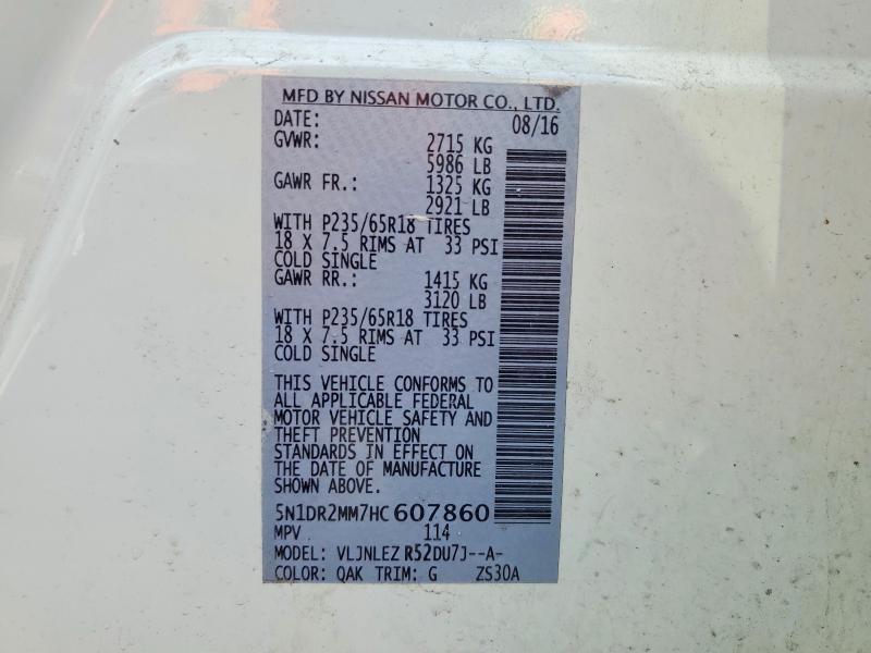 54675466 :رقم المزاد ، 5N1DR2MM7HC607860 vin ، 2017 Nissan Pathfinder مزاد بيع