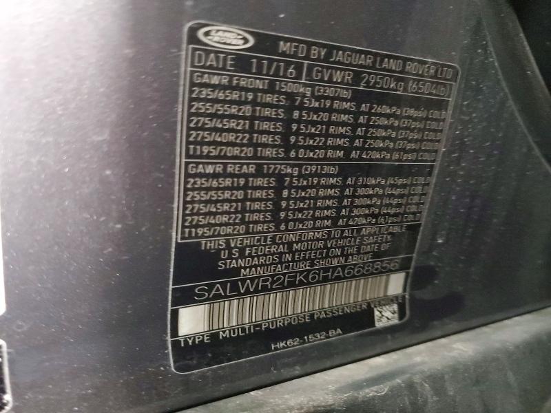 Aukcja sprzedaży 2017 Land Rover Range Rover Sport, vin: SALWR2FK6HA668856, numer aukcji: 54886356